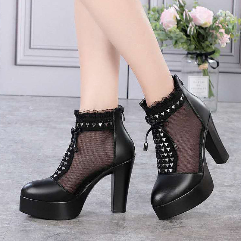 Women's Ankle Yarn Net Chunky Platform Mother Round High Heeled Sandals