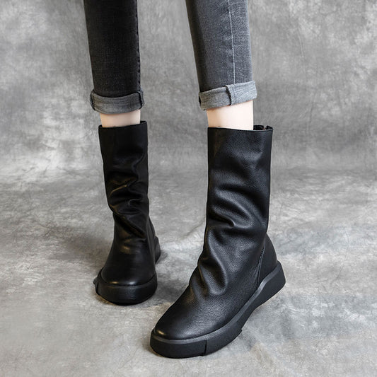 Women's Cowhide Martin Retro Back Zipper Round Boots