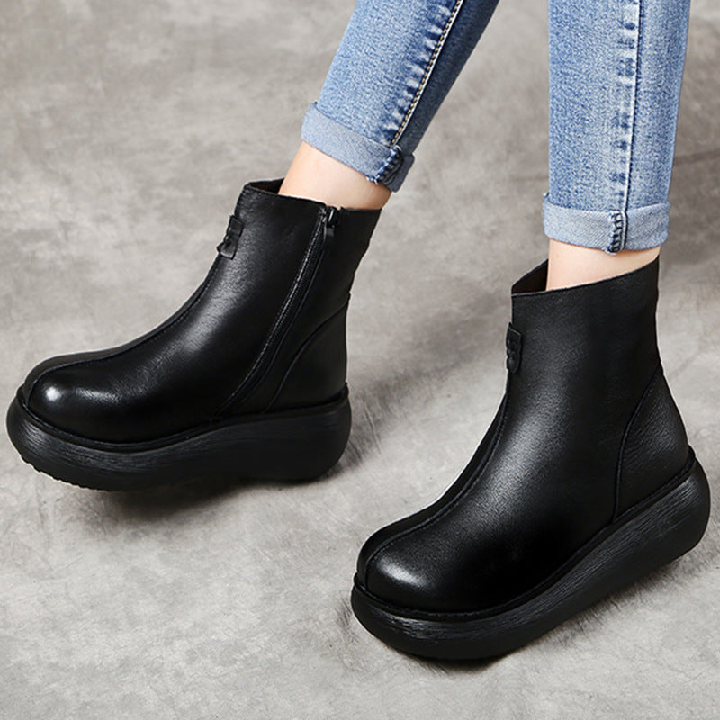 Women's Retro Platform Muffin Soft Bottom Side Zip Short Round Boots