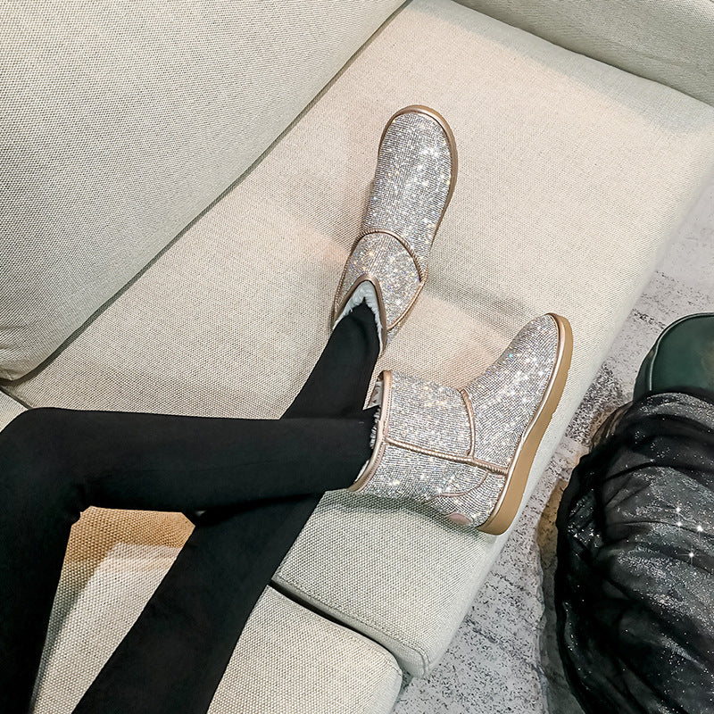 Women's Rhinestone Short Flat Bottom Full Diamond Plus Snow Boots