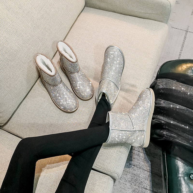 Women's Rhinestone Short Flat Bottom Full Diamond Plus Snow Boots