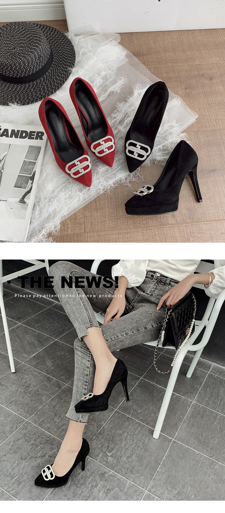 Women's Pointed Toe Shallow Mouth Suede Platform Four Heels