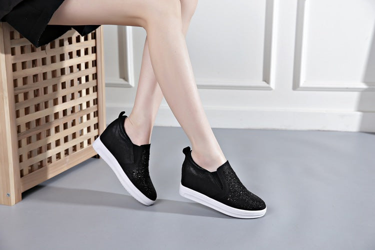 Women's Rhinestone Invisible Elevated White Genuine Wedge Casual Shoes