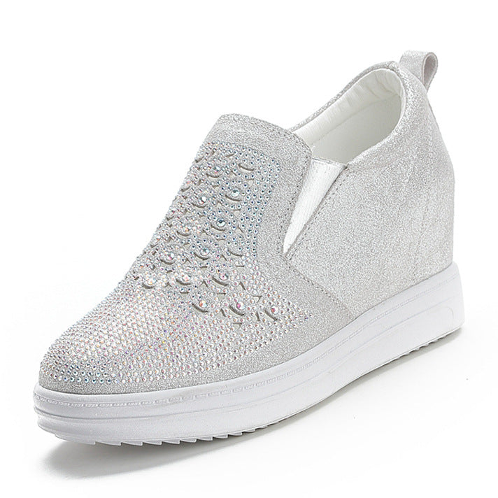 Women's Rhinestone Invisible Elevated White Genuine Wedge Casual Shoes