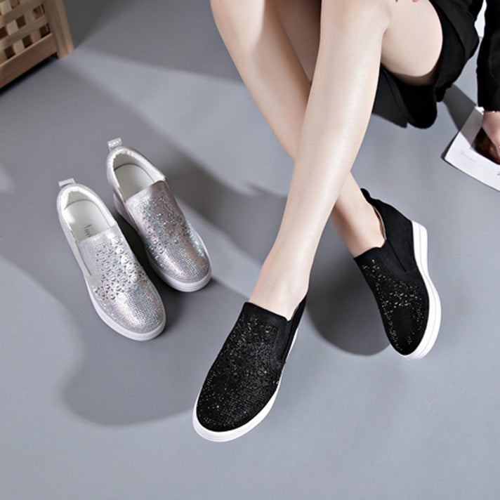 Women's Rhinestone Invisible Elevated White Genuine Wedge Casual Shoes
