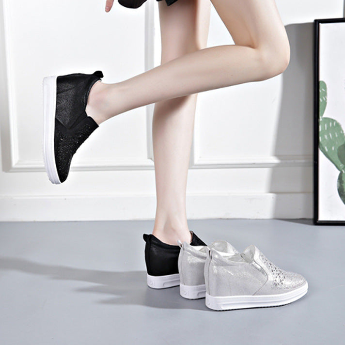 Women's Rhinestone Invisible Elevated White Genuine Wedge Casual Shoes