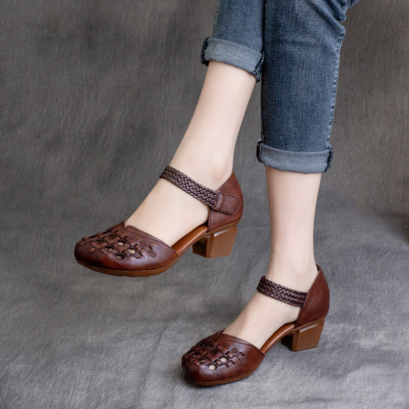 Women's Vintage Cowhide Woven Hollowed Velcro Chunky Women's Casual Shoes