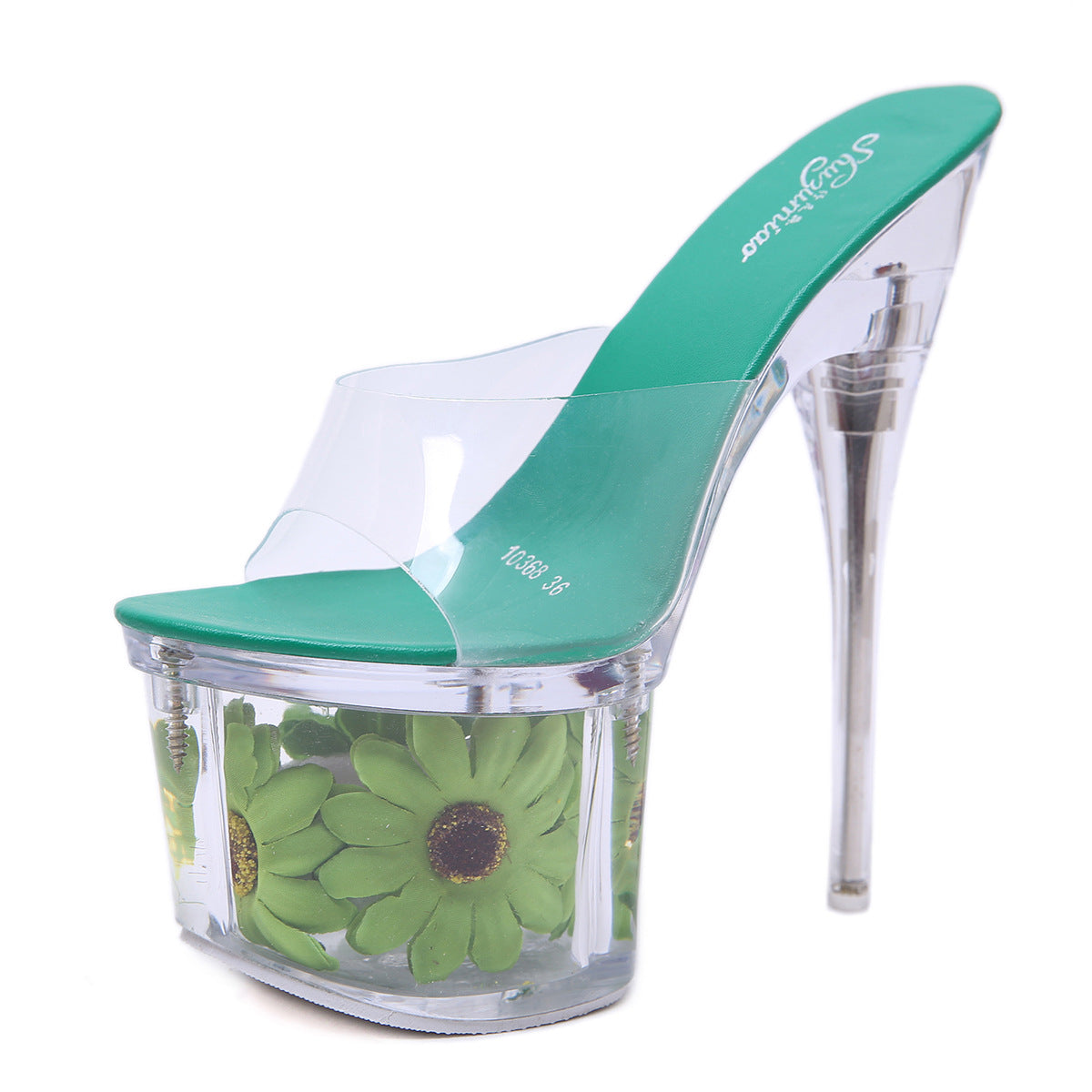 Superb Sunflower Chunky Stiletto Waterproof Platform Transparent Sandals