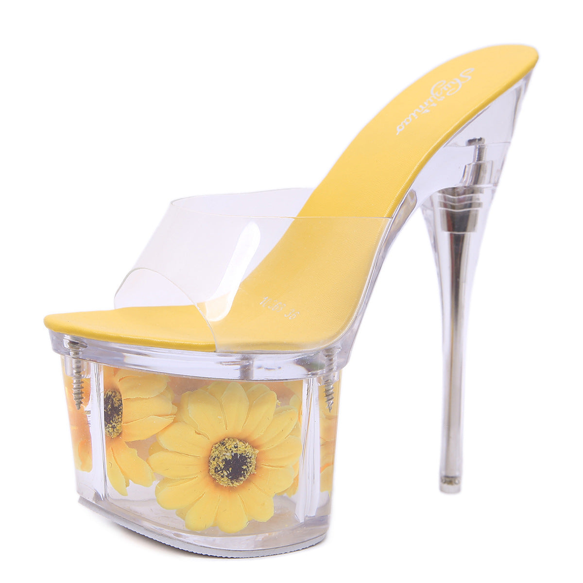 Superb Sunflower Chunky Stiletto Waterproof Platform Transparent Sandals