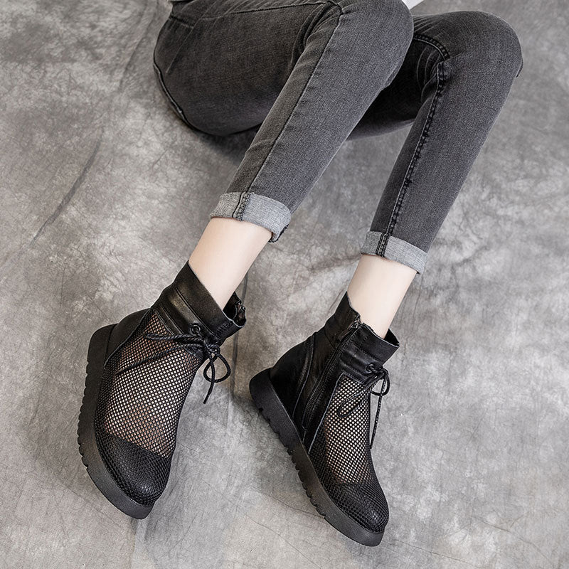 Women's Retro Cowhide Mesh Flat British Style Heels