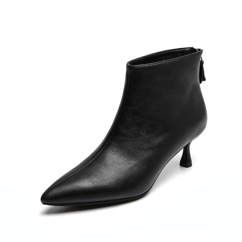 Women's Short Winter Fleece-lined Black High Top Layer Cowhide Women's Leather Boots
