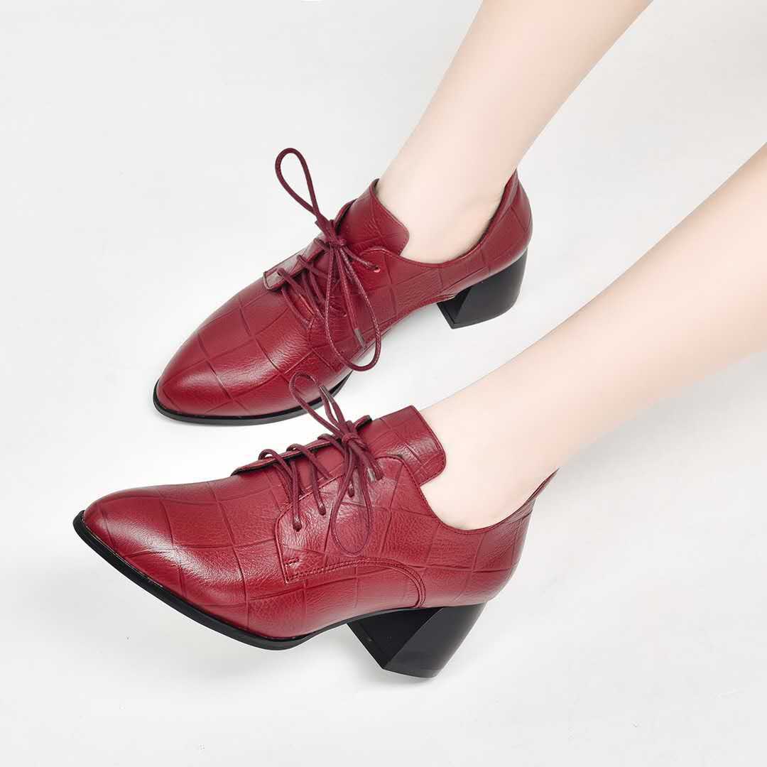 Women's Genuine Mid Pointed Toe Single-layer Thick With Leather Shoes