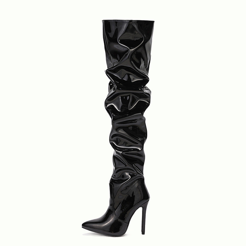 Stretch Autumn Patent Thigh Black Zipper Boots