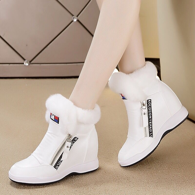 Women's Height Increasing Insole Korean Style Zipper Rabbit Fur Snow Boots