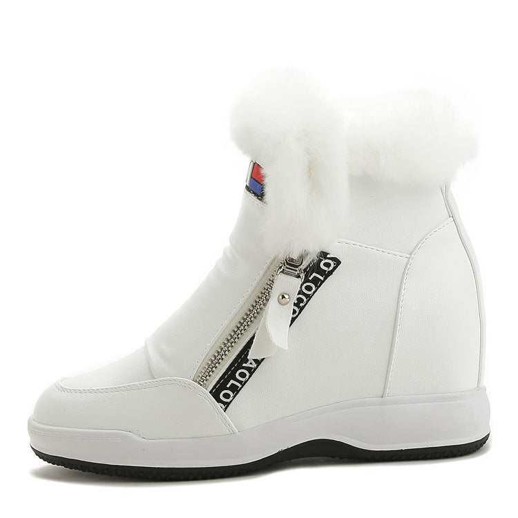 Women's Height Increasing Insole Korean Style Zipper Rabbit Fur Snow Boots