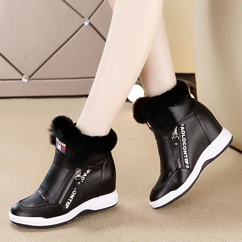 Women's Height Increasing Insole Korean Style Zipper Rabbit Fur Snow Boots