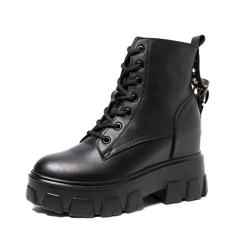 Women's Increasing Insole Wedge Platform Ankle British Style Women's Leather Boots