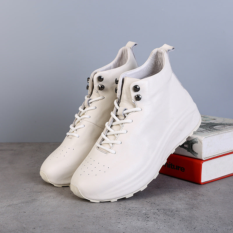 Men's Simple First Layer Cowhide High Top Flat-heeled Round Casual Shoes