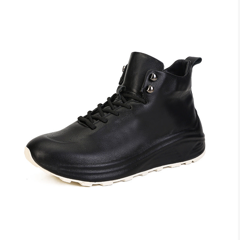 Men's Simple First Layer Cowhide High Top Flat-heeled Round Casual Shoes