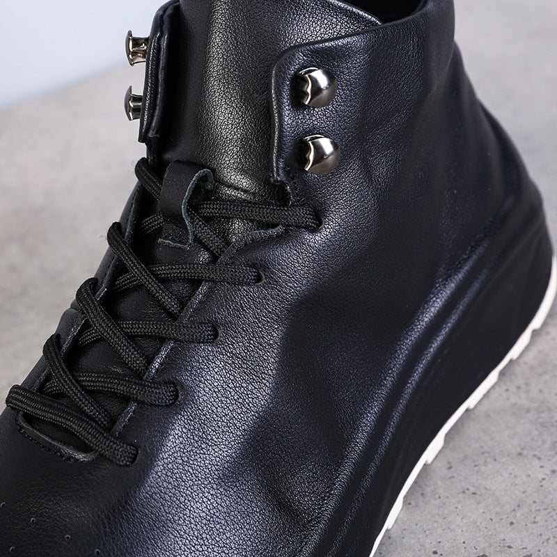 Men's Simple First Layer Cowhide High Top Flat-heeled Round Casual Shoes