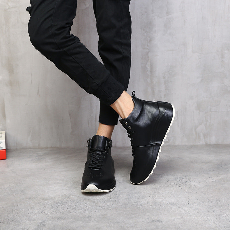 Men's Simple First Layer Cowhide High Top Flat-heeled Round Casual Shoes