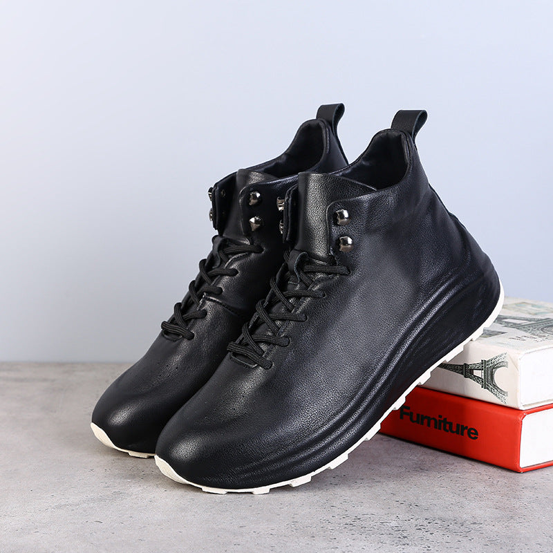 Men's Simple First Layer Cowhide High Top Flat-heeled Round Casual Shoes