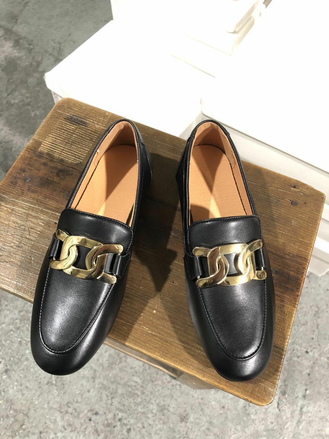 Women's Buckle Genuine Flat Bottom Slip-on British Style Casual Shoes