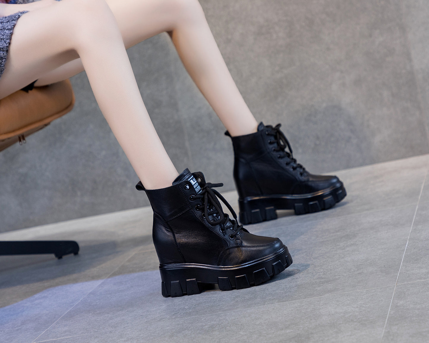 Women's Cowhide Platform Martin Height Increasing Insole Boots