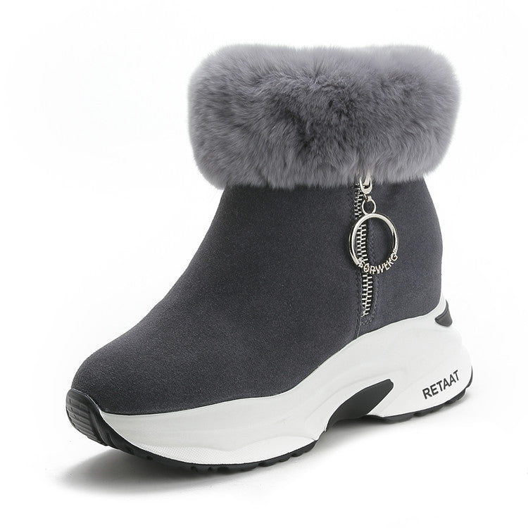 Women's Thermal Cotton Rabbit Fur Wedge Booties Martin Snow Boots