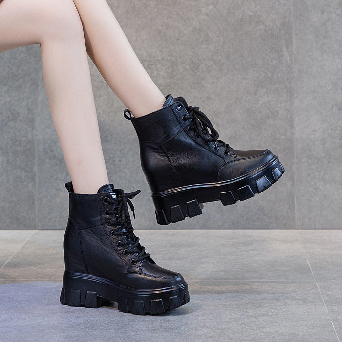 Women's Cowhide Platform Martin Height Increasing Insole Boots