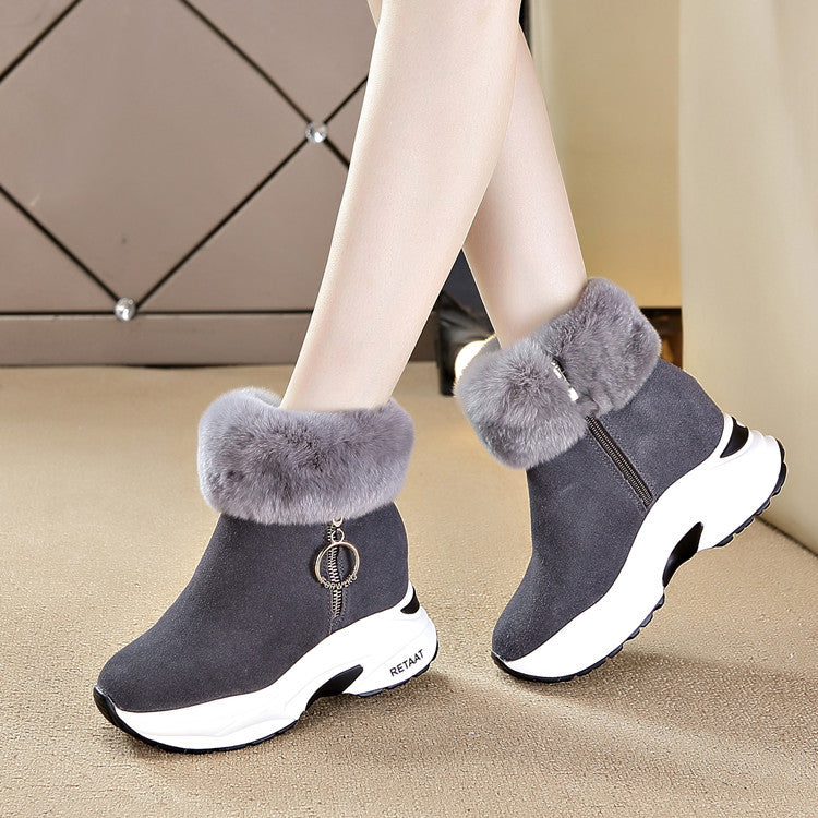 Women's Thermal Cotton Rabbit Fur Wedge Booties Martin Snow Boots