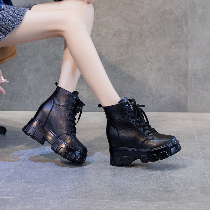 Women's Cowhide Platform Martin Height Increasing Insole Boots
