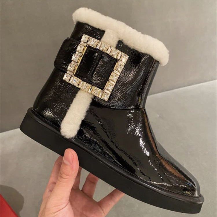 Women's Buckle Winter Flat Bottom Fleece-lined Short Women's Shoes
