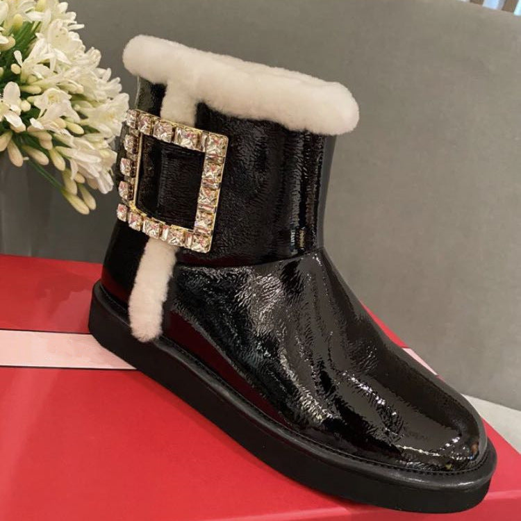 Women's Buckle Winter Flat Bottom Fleece-lined Short Women's Shoes