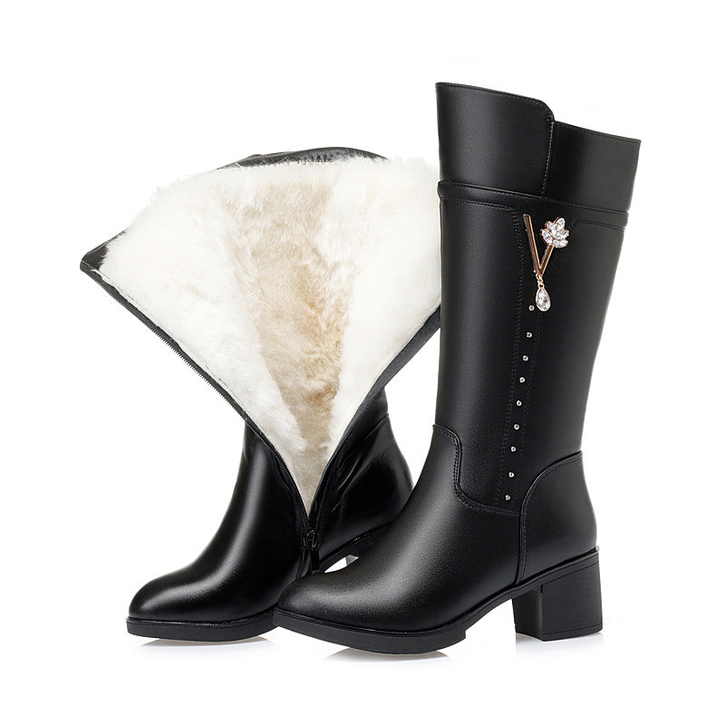 Women's Fleece-lined Mid Chunky Wool Middle Soft Single Boots