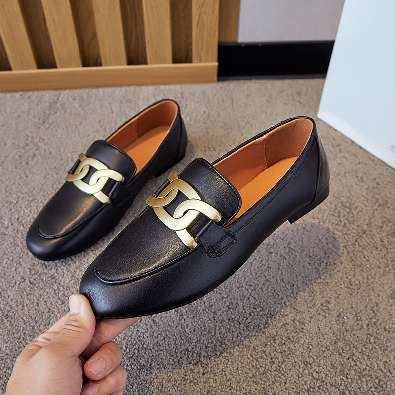 Women's Buckle Genuine Flat Bottom Slip-on British Style Casual Shoes