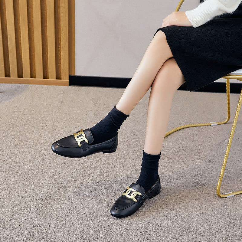 Women's Buckle Genuine Flat Bottom Slip-on British Style Casual Shoes
