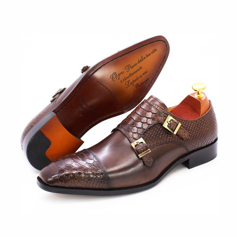 Men's Business Genuine Retro Double Buckle Slip-on Leather Shoes