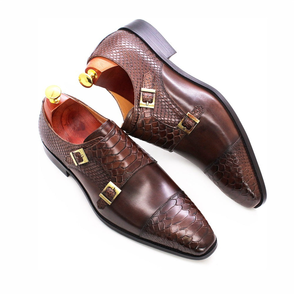Men's Business Genuine Retro Double Buckle Slip-on Leather Shoes