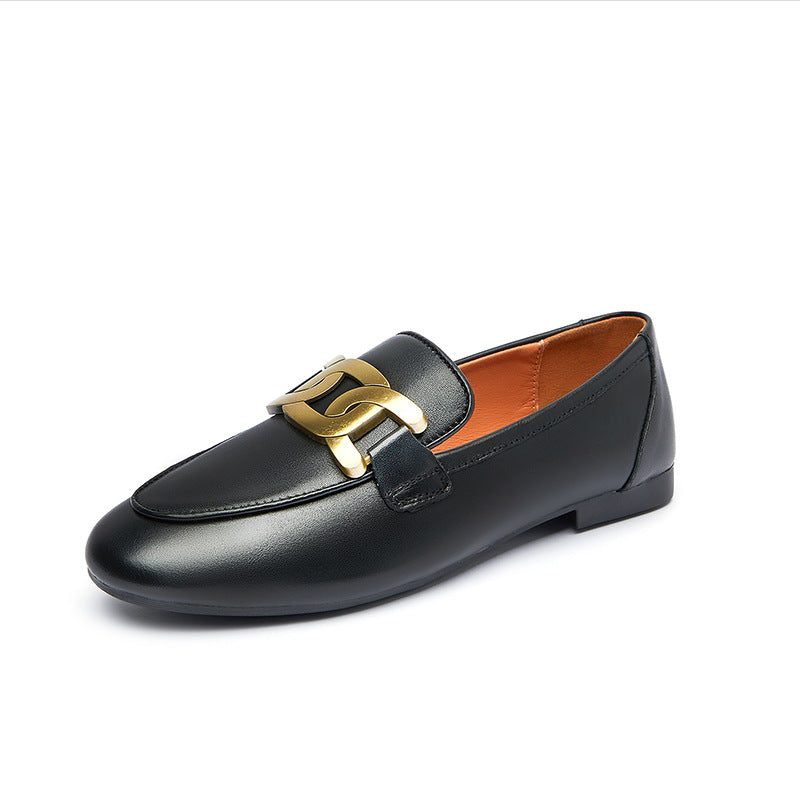 Women's Buckle Genuine Flat Bottom Slip-on British Style Casual Shoes
