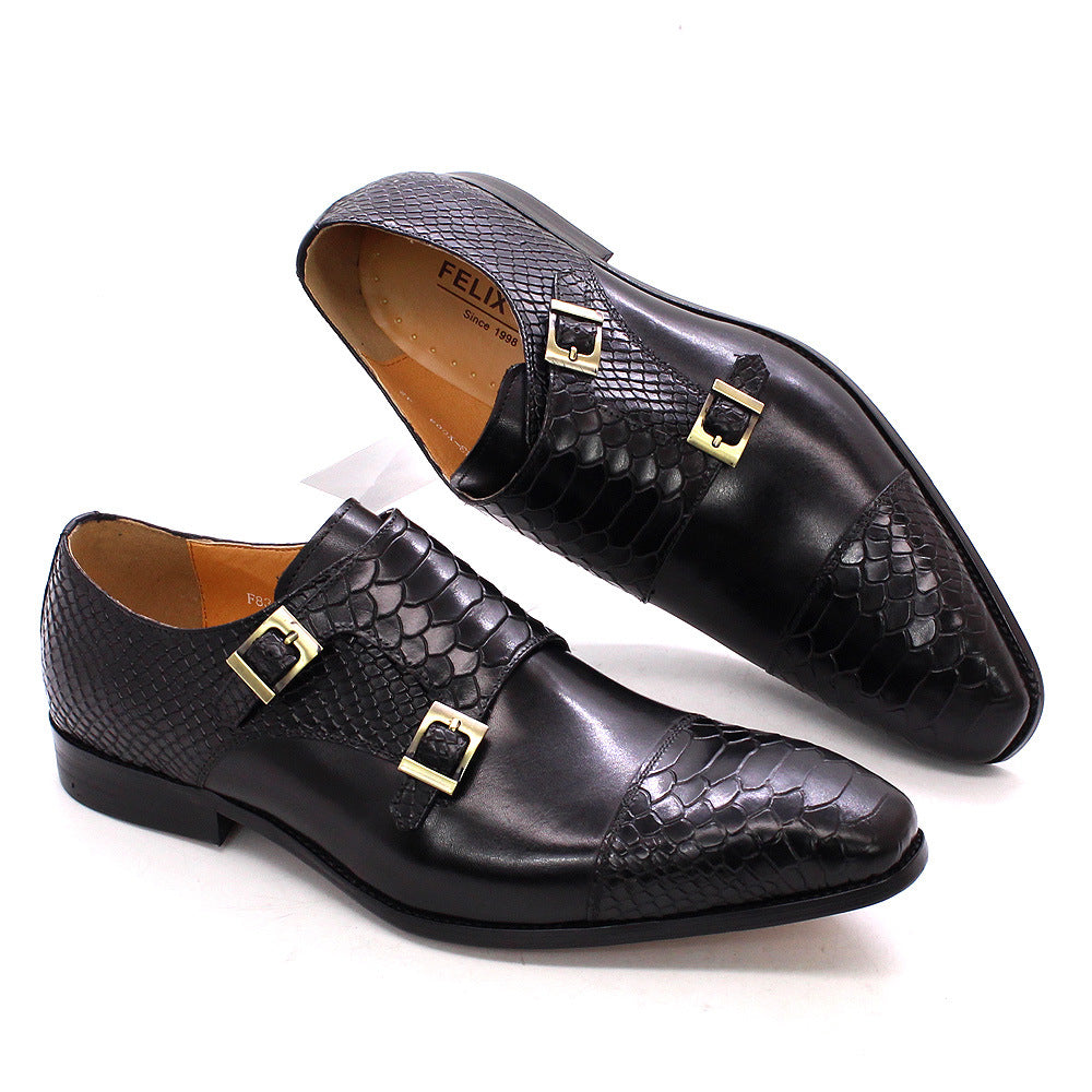 Men's Business Genuine Retro Double Buckle Slip-on Leather Shoes
