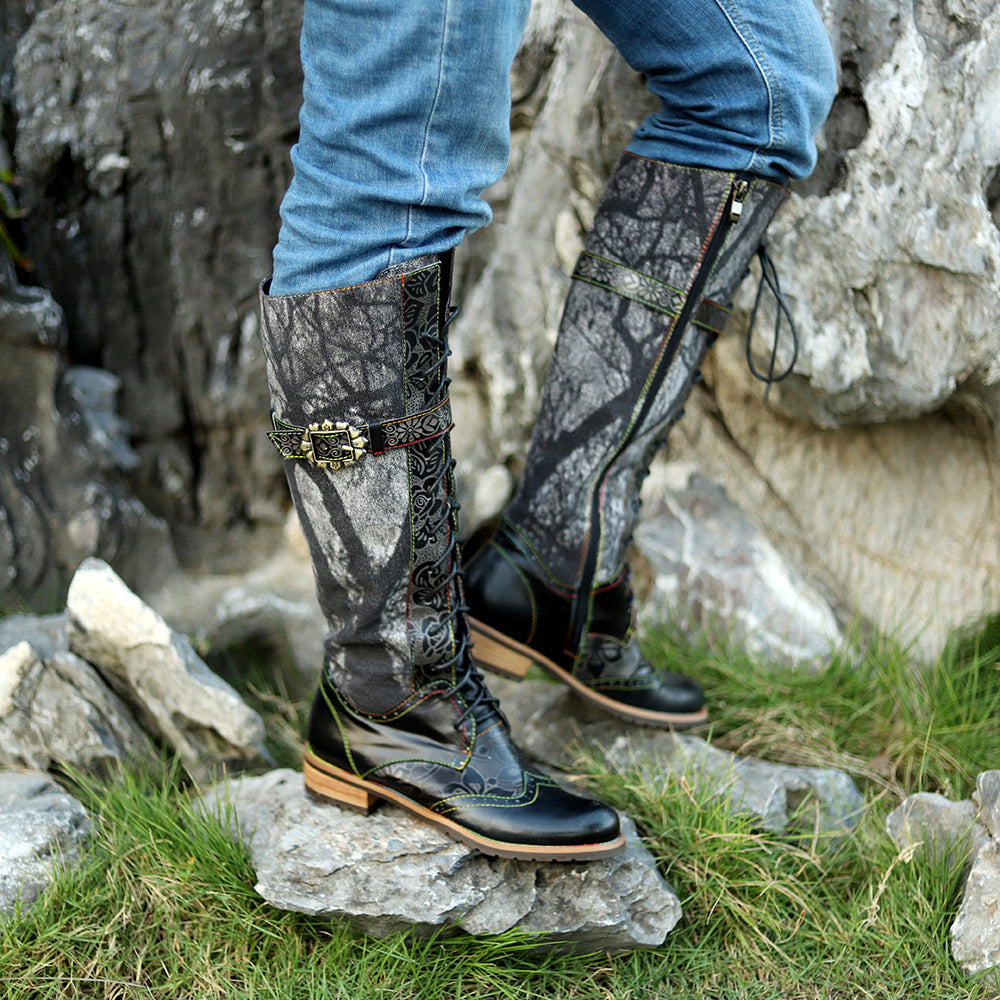 Women's Motorcycle Texture Boyfriend Style Neutral Dark Flower Lace Boots