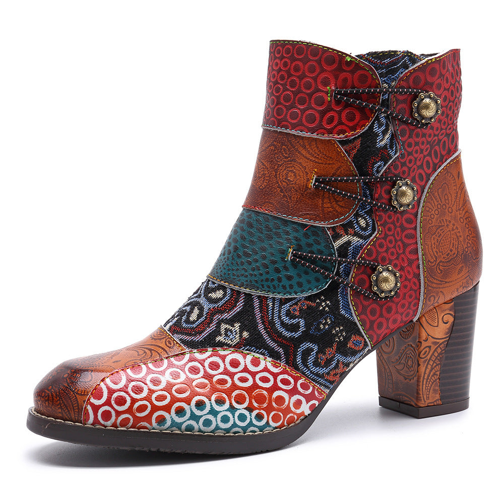 Women's Stitching Jacquard Techniques Fashion Comfortable Thick Women's Leather Boots