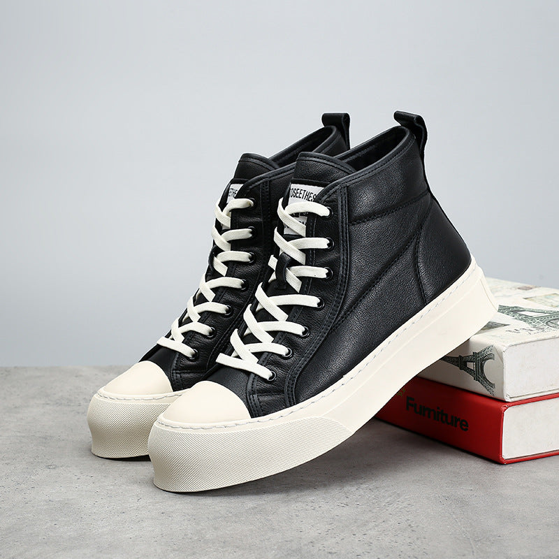 Men's Breathable Full Grain Cowhide Pure Color Simple White Sneakers