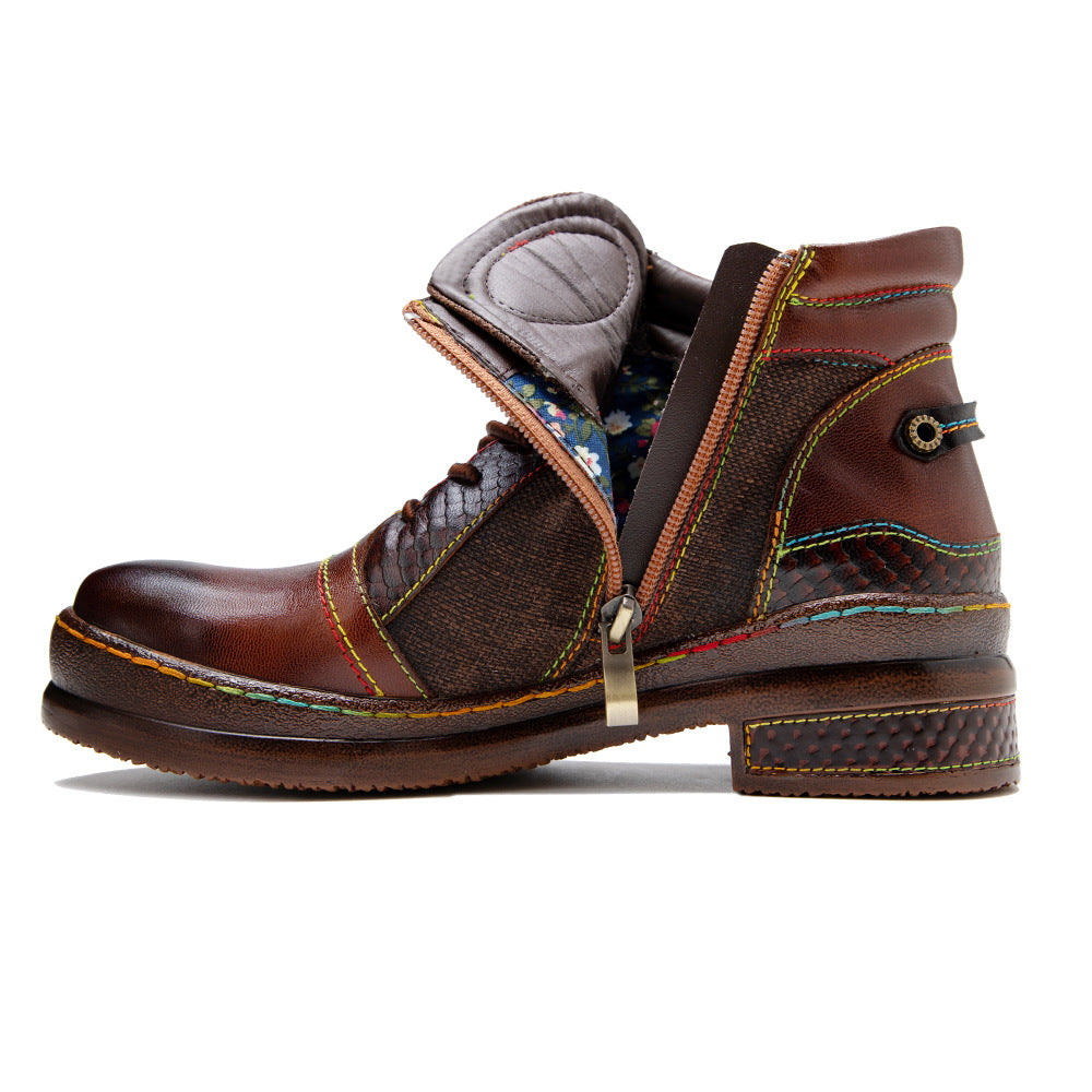 Women's Retro Textured Texture Motorcycle Chunky Women's Leather Boots