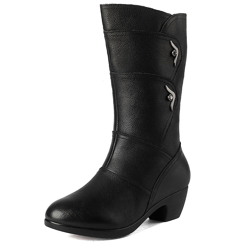 Women's Genuine Middle Tube Mid Chunky Mid-length Mom Plus Heels