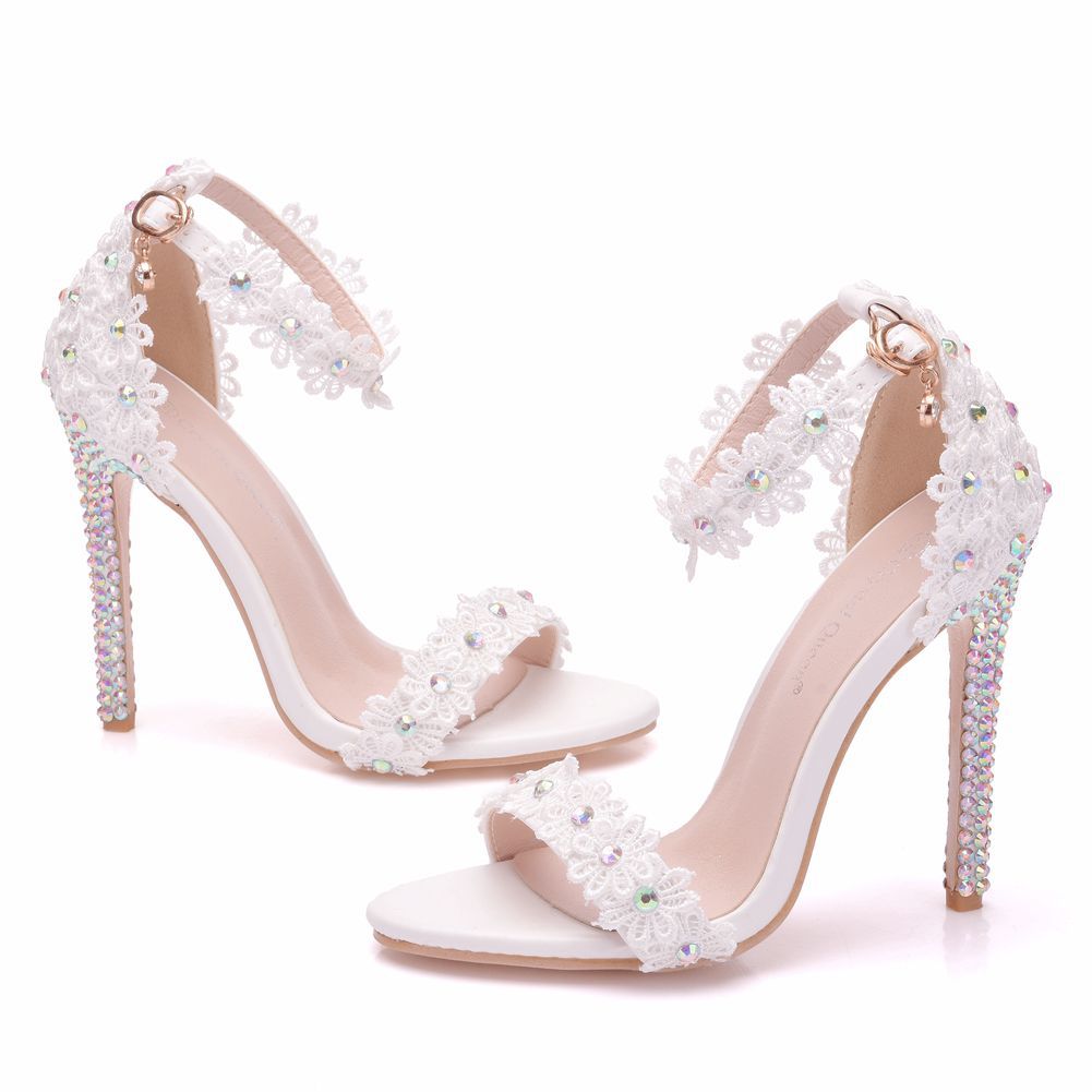 White Single Strap Stiletto Roman Lace Sandals