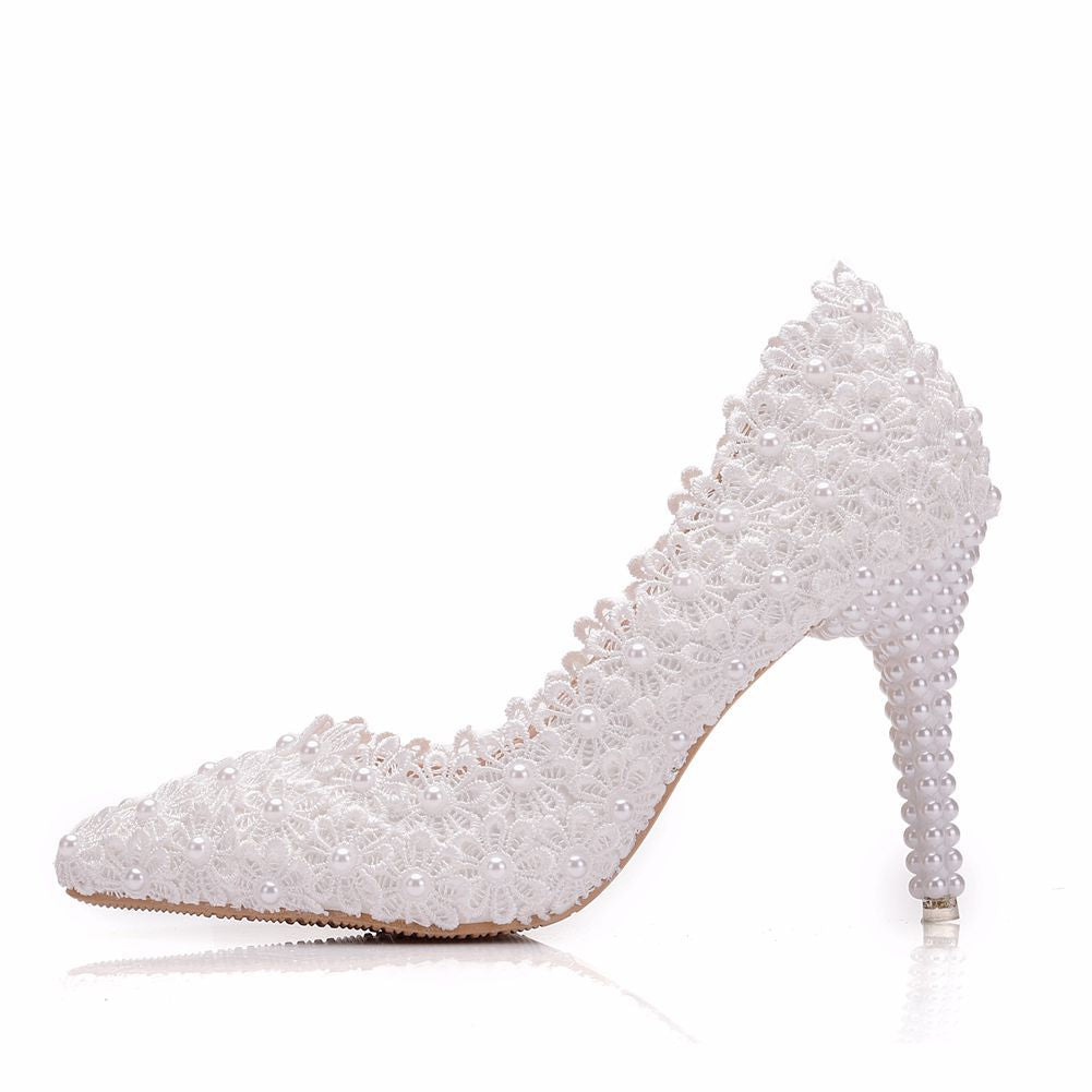 Women's Lace Pointed Toe Wedding Stiletto Pearl Women's Shoes