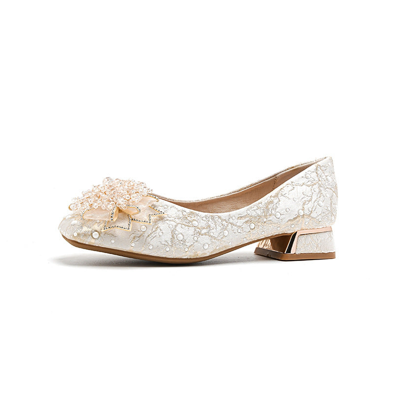 Women's Style Pumps Square Toe Rhinestone French Mid Large Women's Fashion Shoes