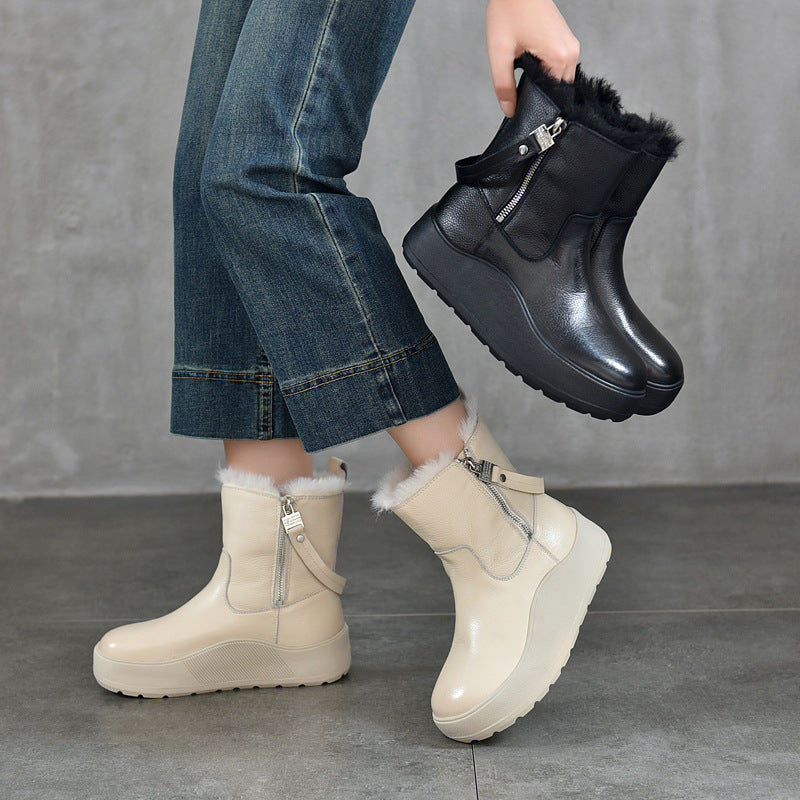Women's Zipper Top Layer Cowhide Platform Ankle Plus Snow Boots